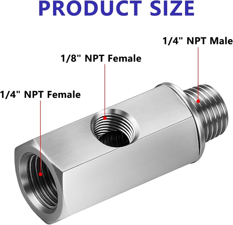 Senlinyu 1/4" NPT Oil Pressure Sensor Tee Adapter, 304 Stainless Steel Triple Port Fitting: 1/4" NPT Female to Male & 1/8" NPT Female for Gauge and Sensor Installation - Image 2